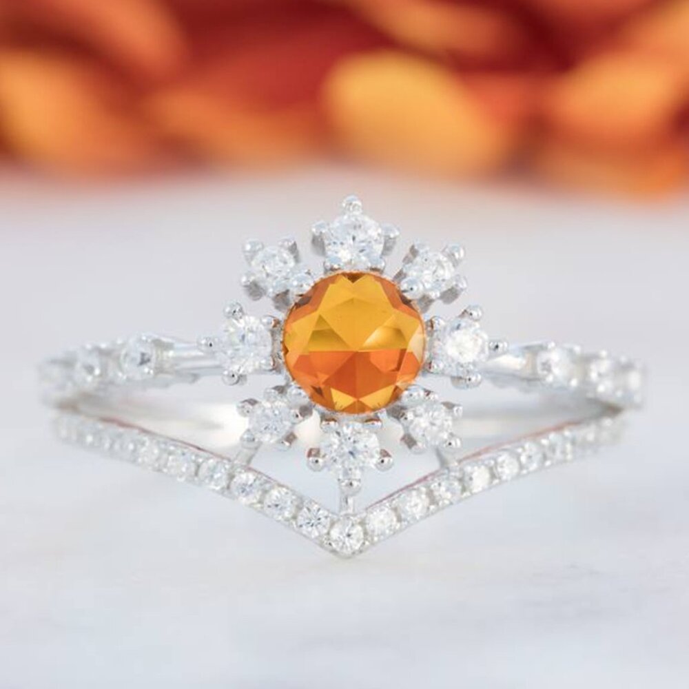 Citrine Snowflake / Flower Wishbone ring, 925 Sterling Silver